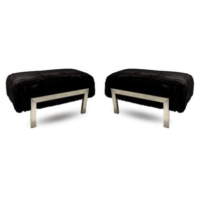 1970s Italian Vintage Black Faux Fur Steel Bed Stool Bench