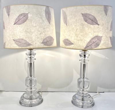 1970s Italian Vintage Organic Pair of Turned Faceted Crystal Glass Table Lamps
