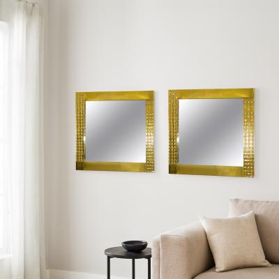 1970s Italian Vintage Pair Handcrafted Brass Mirrors with Gold Jewel Like Detail