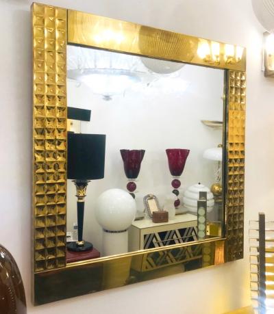 1970s Italian Vintage Pair Handcrafted Brass Mirrors with Gold Jewel Like Detail