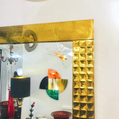 1970s Italian Vintage Pair Handcrafted Brass Mirrors with Gold Jewel Like Detail