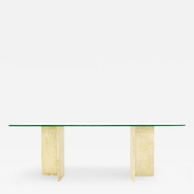 1970s Large Italian Travertine and Glass Console Table