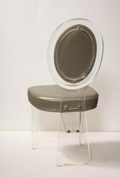 1970s Lucite Balloon Back Chair with Grey Leather Upholstery