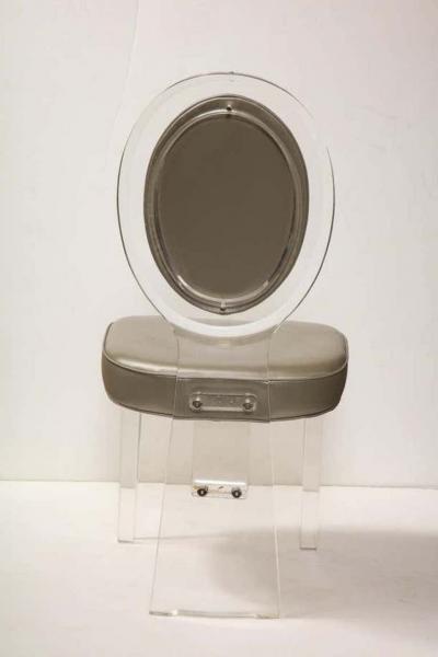 1970s Lucite Balloon Back Chair with Grey Leather Upholstery