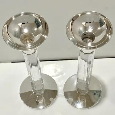1970s Mid Century Modern French Pair of Crystal Chrome Faceted Candle Holders