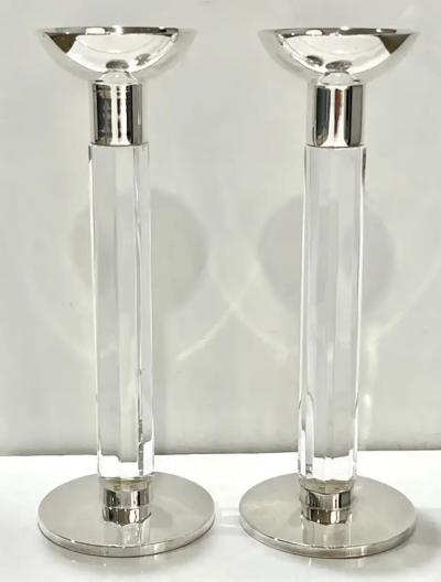 1970s Mid Century Modern French Pair of Crystal Chrome Faceted Candle Holders