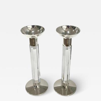 1970s Mid Century Modern French Pair of Crystal Chrome Faceted Candle Holders
