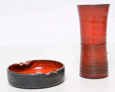 1970s Orange Red Handmade Ceramic Ashtray and Vase Set