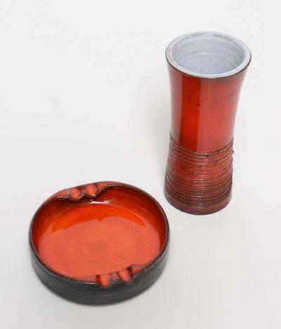 1970s Orange Red Handmade Ceramic Ashtray and Vase Set