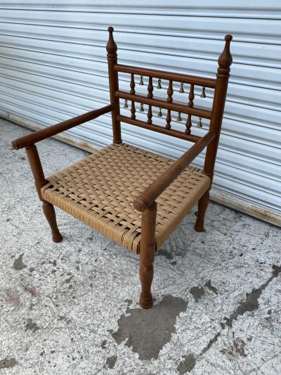 1970s Punjabi Wedding Chair in Teak with Rush Bottom Seat and Brass Bells