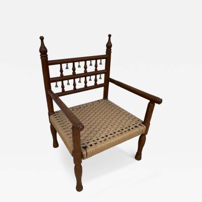 1970s Punjabi Wedding Chair in Teak with Rush Bottom Seat and Brass Bells