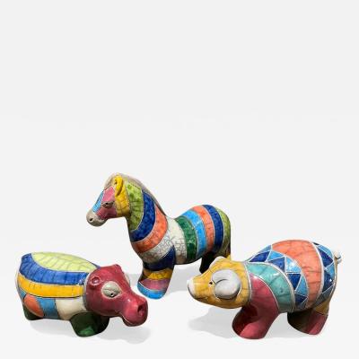 1970s Too Cute Colorful Ceramic Pottery Animals Hippo Pig Horse