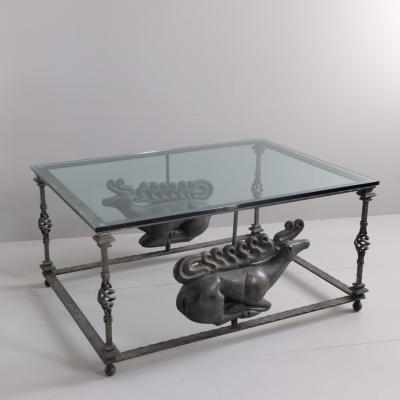 1970s Verdigris Iron Coffee Table with Bronze Copies of Ancient Scythian Deer