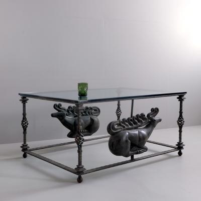 1970s Verdigris Iron Coffee Table with Bronze Copies of Ancient Scythian Deer