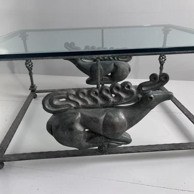 1970s Verdigris Iron Coffee Table with Bronze Copies of Ancient Scythian Deer