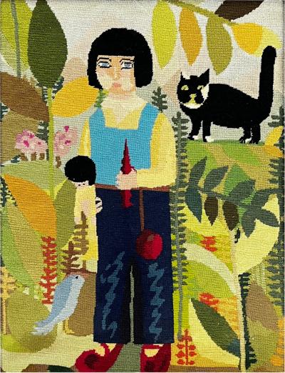 1970s Vibrant Handmade Needlepoint Embroidery Artwork Girl Doll and Cat