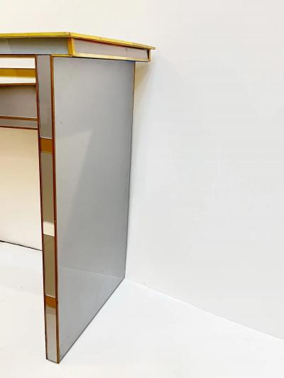 1970s Vintage Italian Art Deco Design Silver White Gold Glass 2 Drawer Console