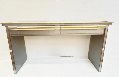 1970s Vintage Italian Art Deco Design Silver White Gold Glass 2 Drawer Console