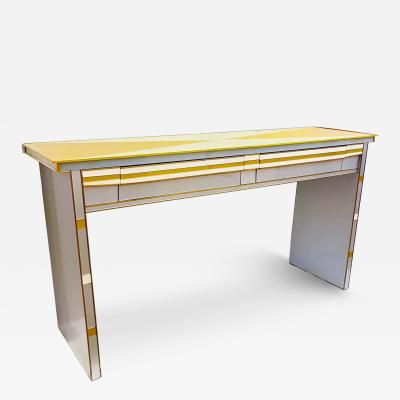 1970s Vintage Italian Art Deco Design Silver White Gold Glass 2 Drawer Console