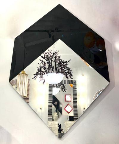 1970s Vintage Italian Geometric Diamond Shape Black Mirrored Plate Kite Mirror