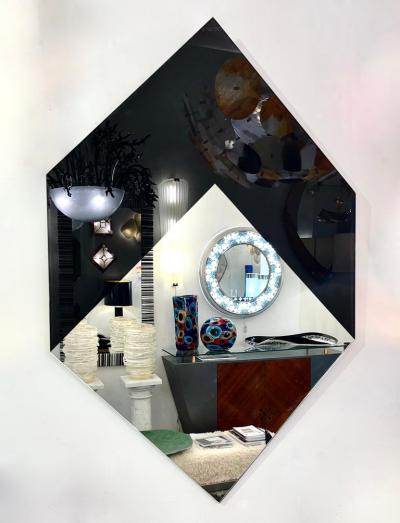 1970s Vintage Italian Geometric Diamond Shape Black Mirrored Plate Kite Mirror