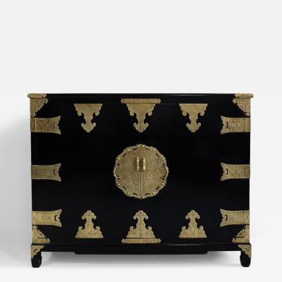 1970s black lacquer sideboard with brass strapping France