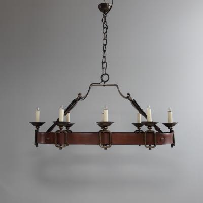 1970s iron and leather hanging light France
