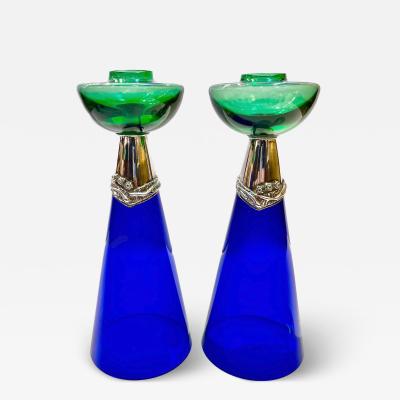 1980 Domar Israel Art Nouveau Style Green Cobalt Blue Glass Silver Candleholders