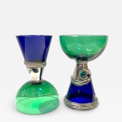 1980 Domar Israel Art Nouveau Style Green Cobalt Blue Glass Silver Vase Glasses