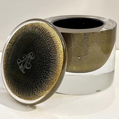 1980 Italian Crystal Black Murano Glass Round Box Worked with 24Kt Gold Dust