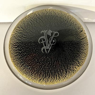 1980 Italian Crystal Black Murano Glass Round Box Worked with 24Kt Gold Dust