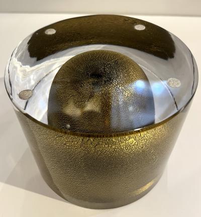 1980 Italian Crystal Black Murano Glass Round Box Worked with 24Kt Gold Dust