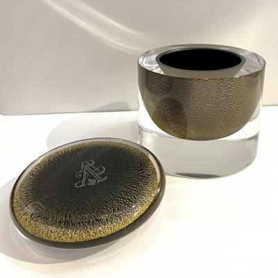 1980 Italian Crystal Black Murano Glass Round Box Worked with 24Kt Gold Dust