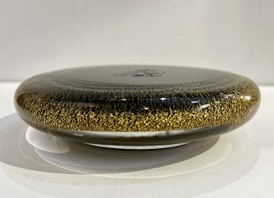 1980 Italian Crystal Black Murano Glass Round Box Worked with 24Kt Gold Dust
