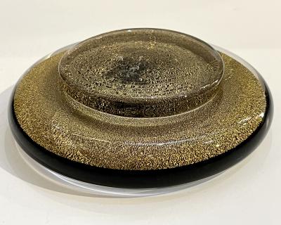 1980 Italian Crystal Black Murano Glass Round Box Worked with 24Kt Gold Dust