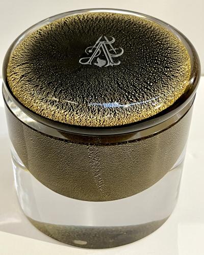 1980 Italian Crystal Black Murano Glass Round Box Worked with 24Kt Gold Dust