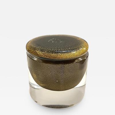 1980 Italian Crystal Black Murano Glass Round Box Worked with 24Kt Gold Dust