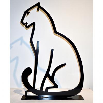 1980 Italian Minimalist Design Black Lacquered Iron Panther Silhouette Sculpture