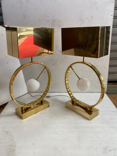1980 Pair of Brass and Opaline Lamps H 88 cm 48 cm