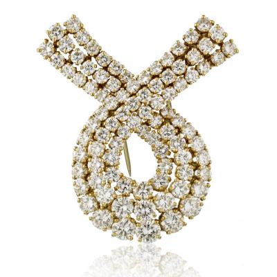 1980s 18K Yellow Gold Ribbon Diamond Brooch