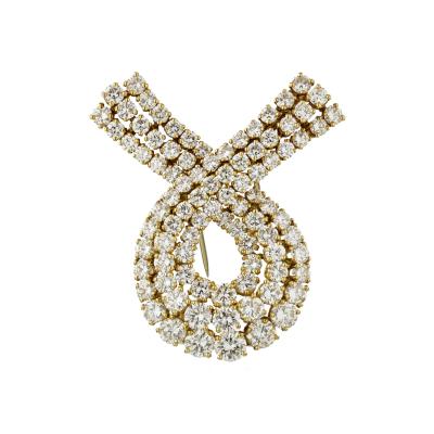 1980s 18K Yellow Gold Ribbon Diamond Brooch