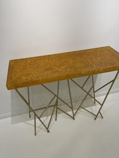1980s Crushed ice resin and brass console by Marie Claude de Fouqui res