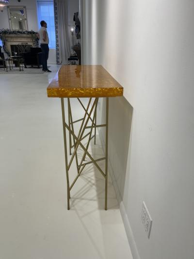 1980s Crushed ice resin and brass console by Marie Claude de Fouqui res