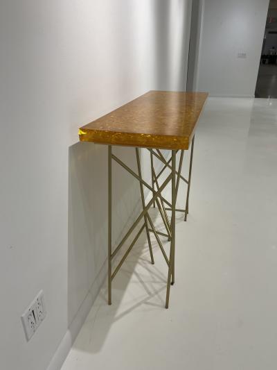 1980s Crushed ice resin and brass console by Marie Claude de Fouqui res