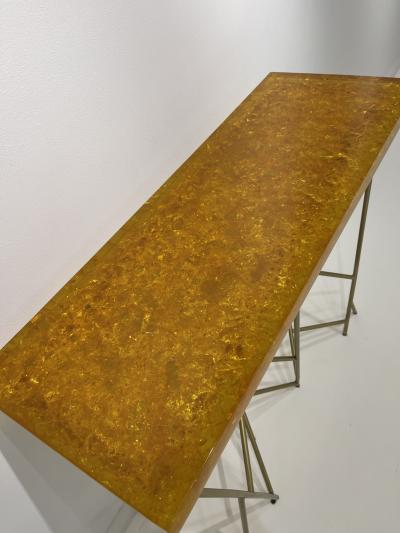 1980s Crushed ice resin and brass console by Marie Claude de Fouqui res
