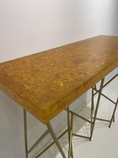 1980s Crushed ice resin and brass console by Marie Claude de Fouqui res