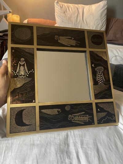 1980s Etched brass mirror by Jean Pierre Charpentier