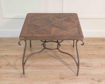 1980s French Coffee Table with Old Wind Rose Parquet Top and Wrought Iron Base
