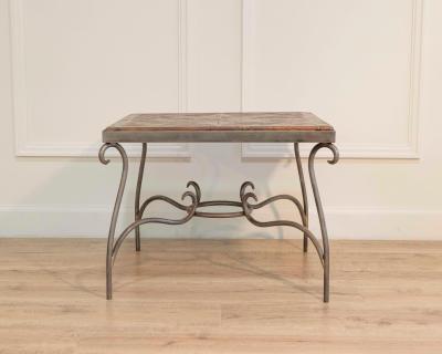 1980s French Coffee Table with Old Wind Rose Parquet Top and Wrought Iron Base