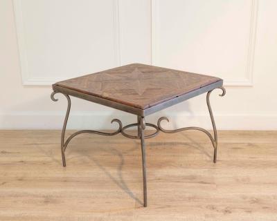 1980s French Coffee Table with Old Wind Rose Parquet Top and Wrought Iron Base